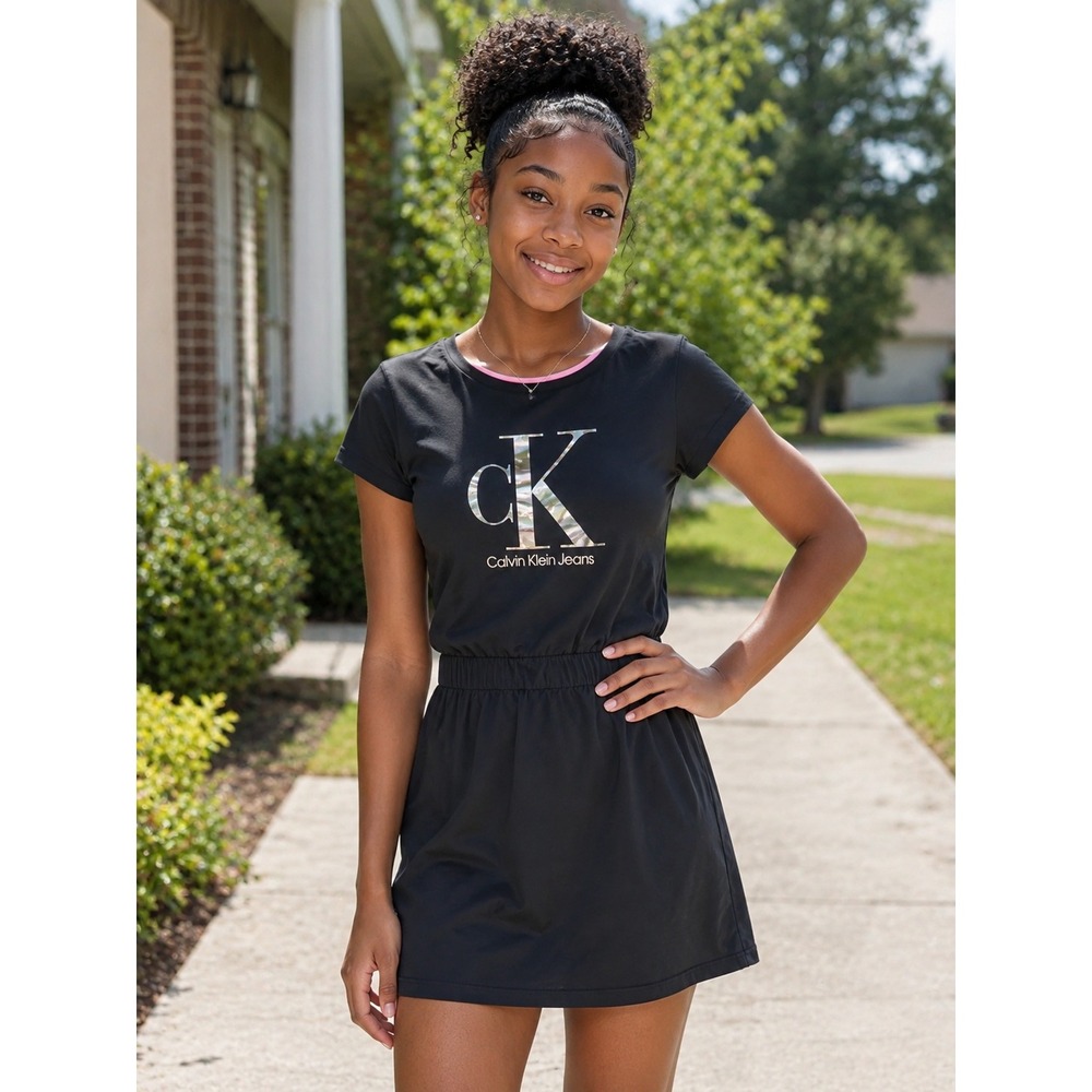 Calvin Klein Jeans T-Shirt Dress Girls XL 16 Black Silver Metallic Logo CK